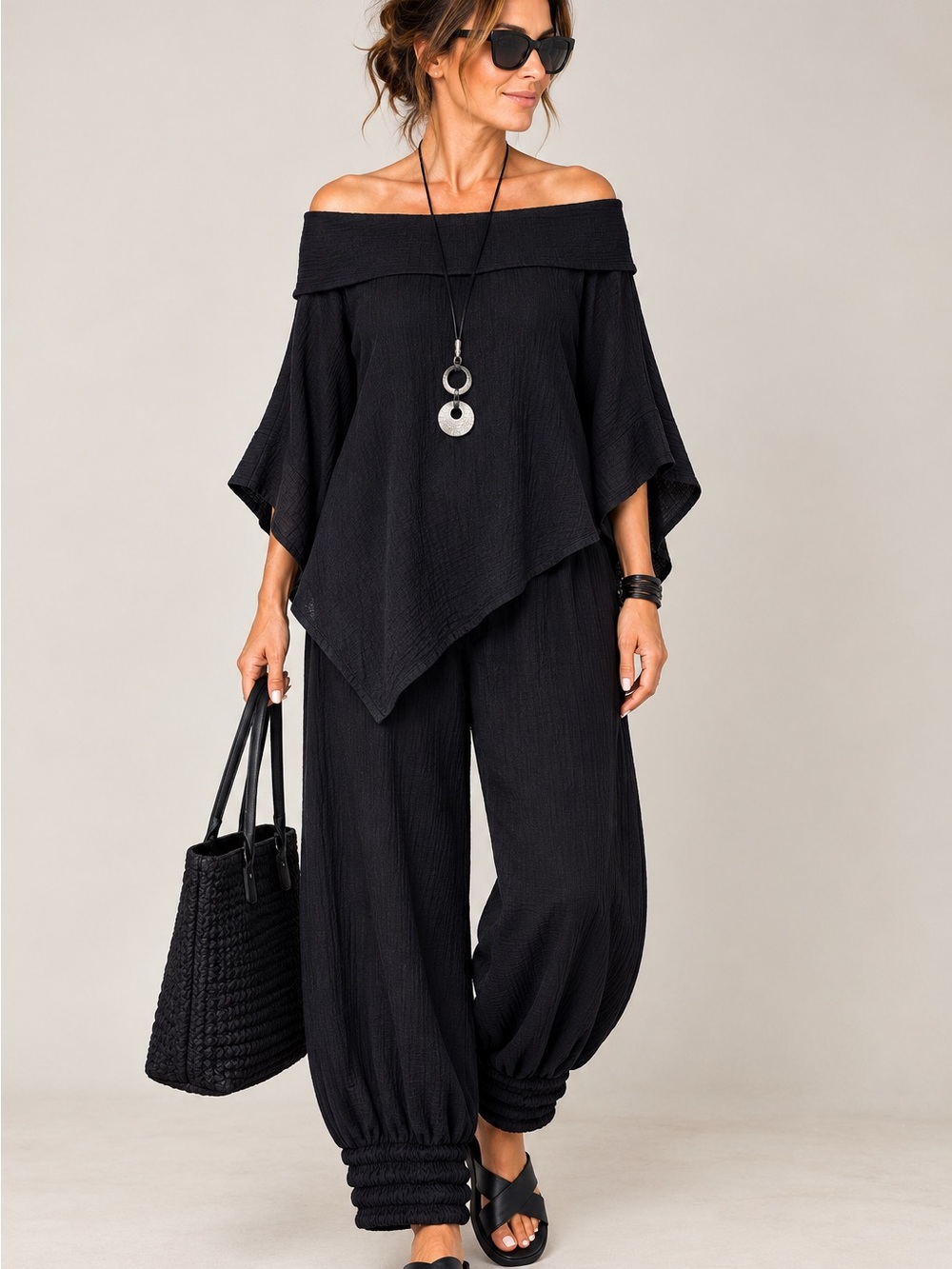Oh My Gauze Black Off Shoulder Top & Wide Leg Pants Set
